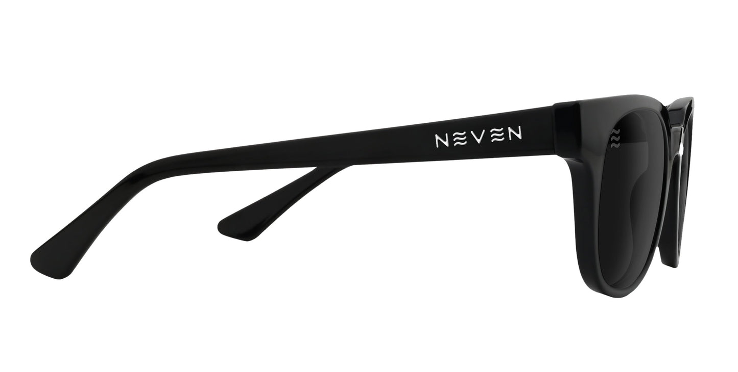 A side view of Cerberus sunglasses from Neven Eyewear shows black rectangular frames and polarized black lenses. The temple arm features "NEVEN" in white with a mirrored second E, set against a plain white background.