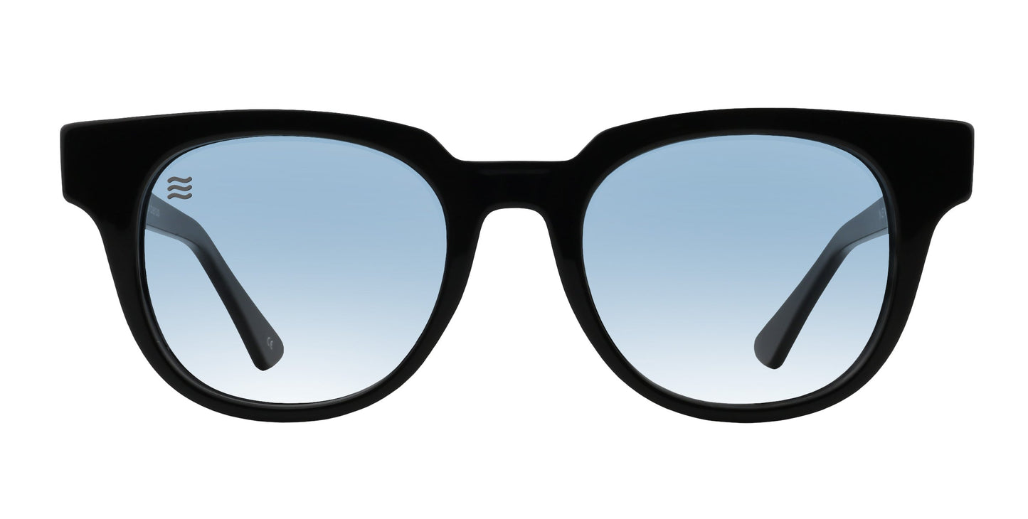 A pair of Neven Eyewear Ern sunglasses from the Dementor Collection, featuring black thick round frames, light blue gradient polarized UV400 lenses, and a white wave logo on the left lens. Image is centered on a white background.