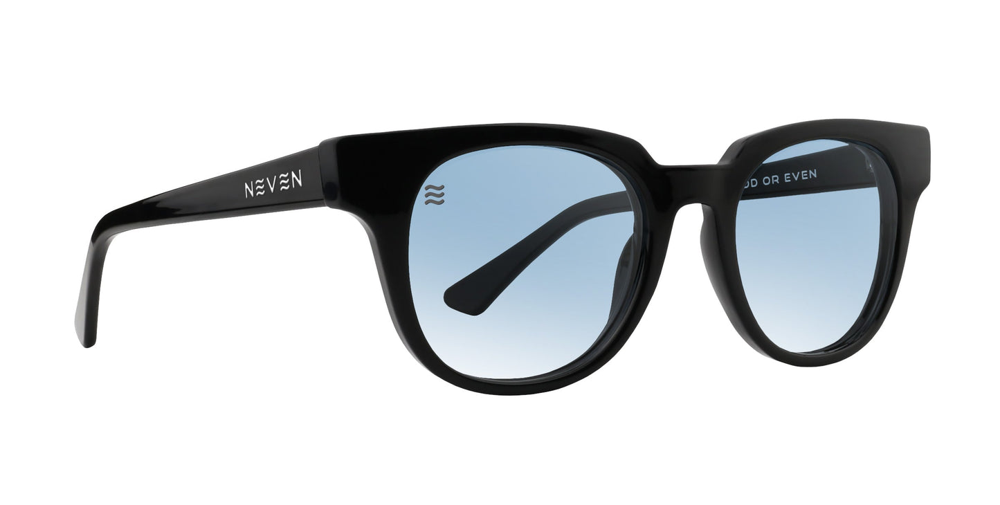 A pair of glossy black frame Ern sunglasses from Neven Eyewear, featuring round blue-tinted polarized UV400 lenses. "NEVEN" is printed in white on the left temple, with extra text inside the right arm for a modern touch.