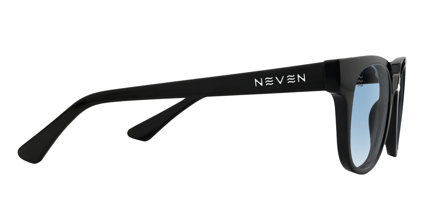 A pair of Neven Eyewear Ern sunglasses with black, thick side frames and slightly curved arms. “NEVEN” is printed in white near the hinge. Features blue polarized UV400 lenses. Plain white background.