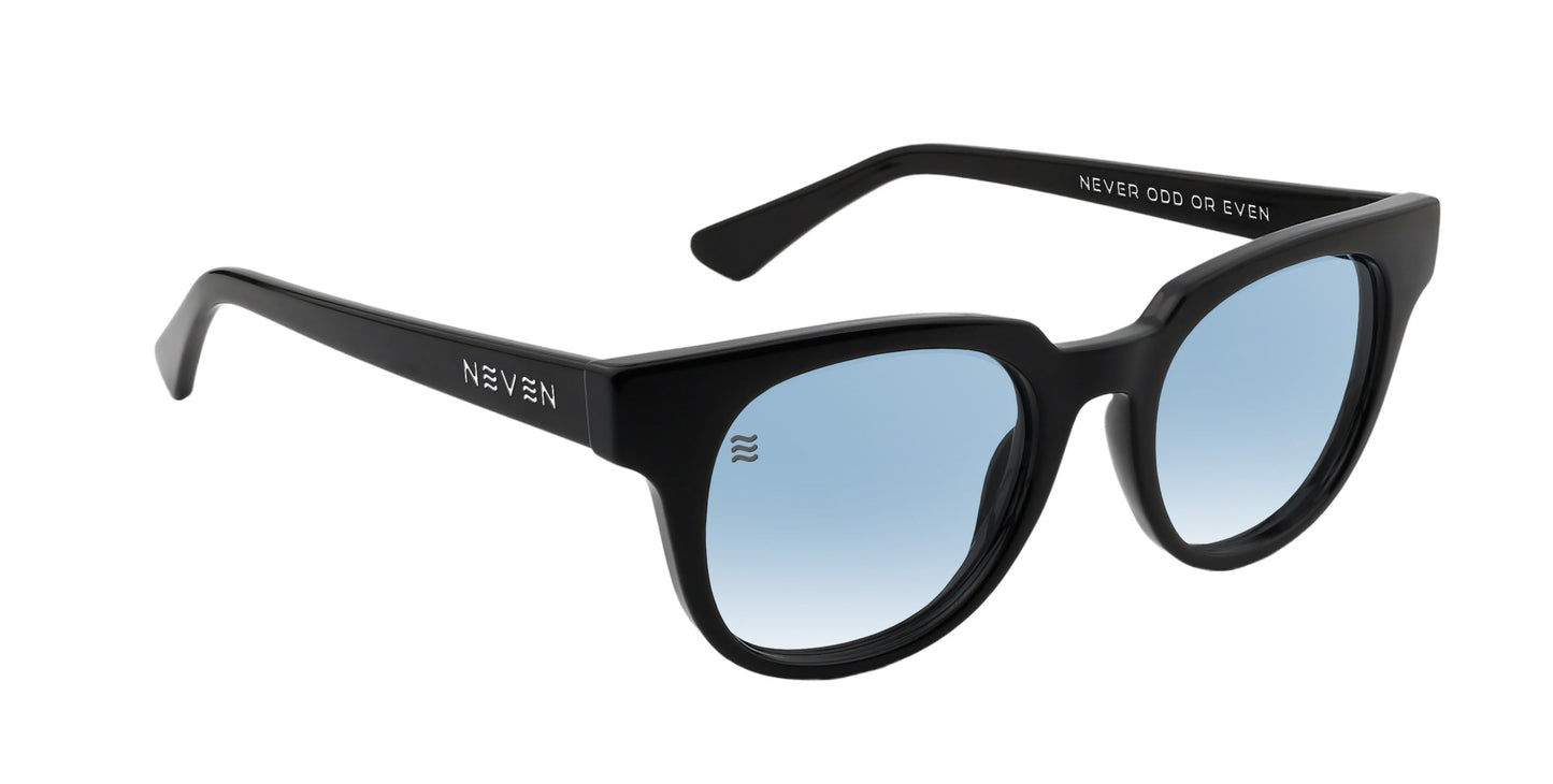 A pair of black frame sunglasses from the Dementor Collection by Neven Eyewear. The Ern features round light blue gradient lenses, a glossy finish, white NEVEN on the left temple, and NEVER ODD OR EVEN inside the right temple. Classic style.
