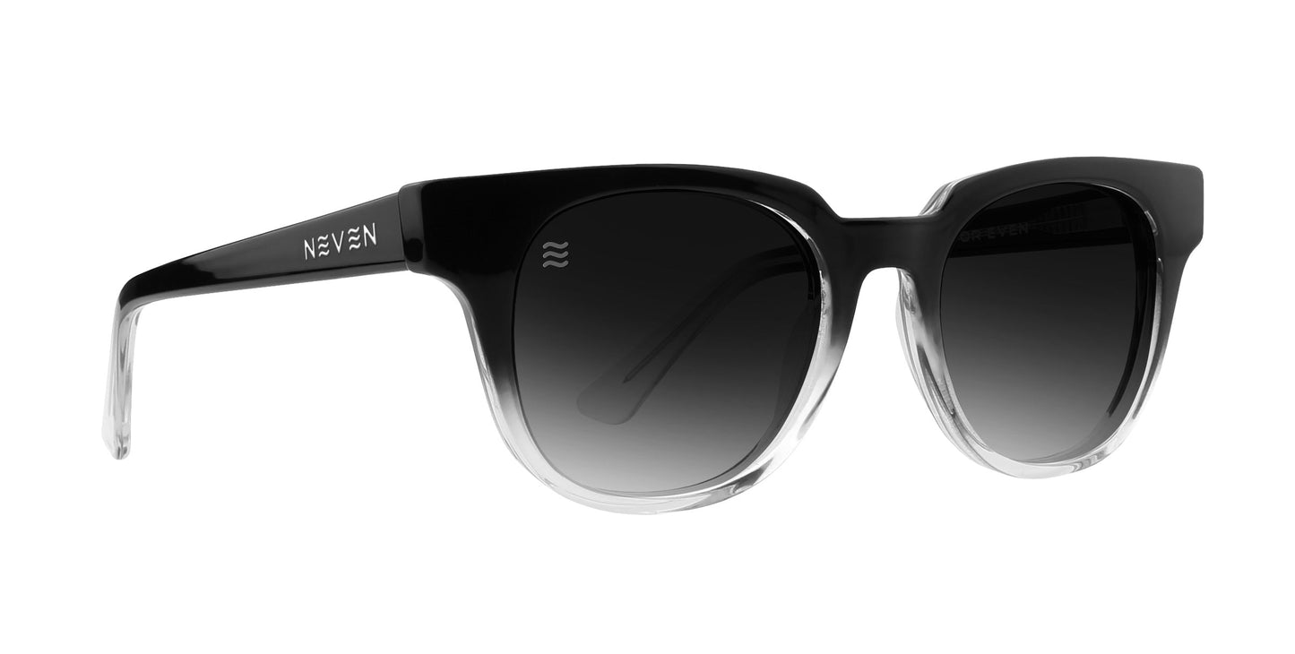 Neven Eyewear's Fang sunglasses from the Dementor Collection feature square gradient frames, thick glossy black temples fading to clear tips, polarized UV400 lenses that darken at the top, and "NEWBEN" printed in white for a bold, modern style.