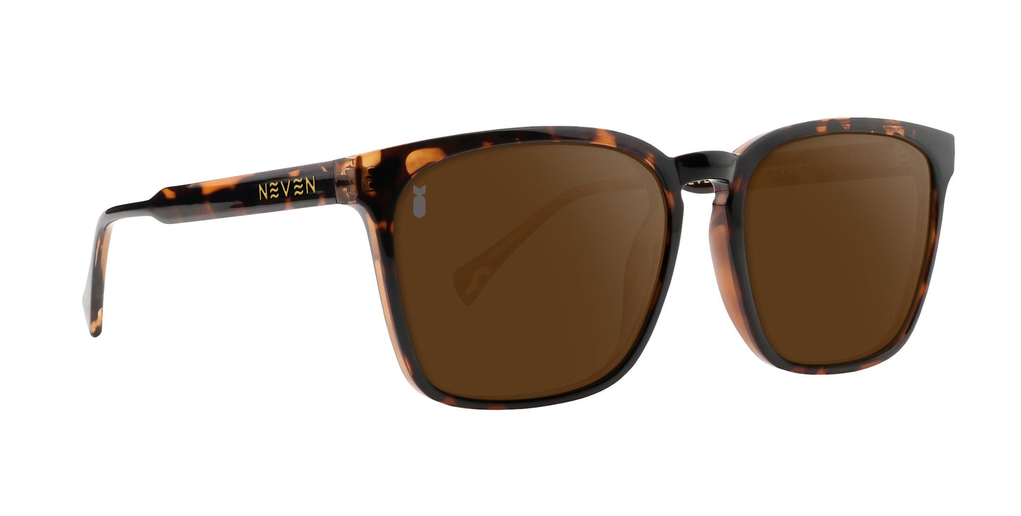 The Chazz sunglasses from Neven Eyewear feature a rectangular design with brown-tinted polarized lenses and a dark tortoise shell frame. Gold NEVEN branding accents the glossy straight arms, which gently curve at the ends.