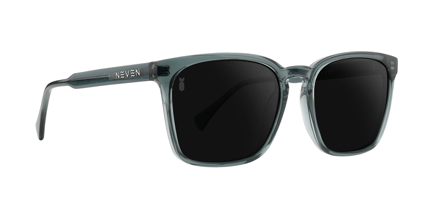 Part of the Divebomb Collection, Lenny polarized sunglasses by Neven Eyewear feature translucent gray rectangular frames, solid black lenses, and matching translucent arms with the NEVEN logo in silver on a white background.
