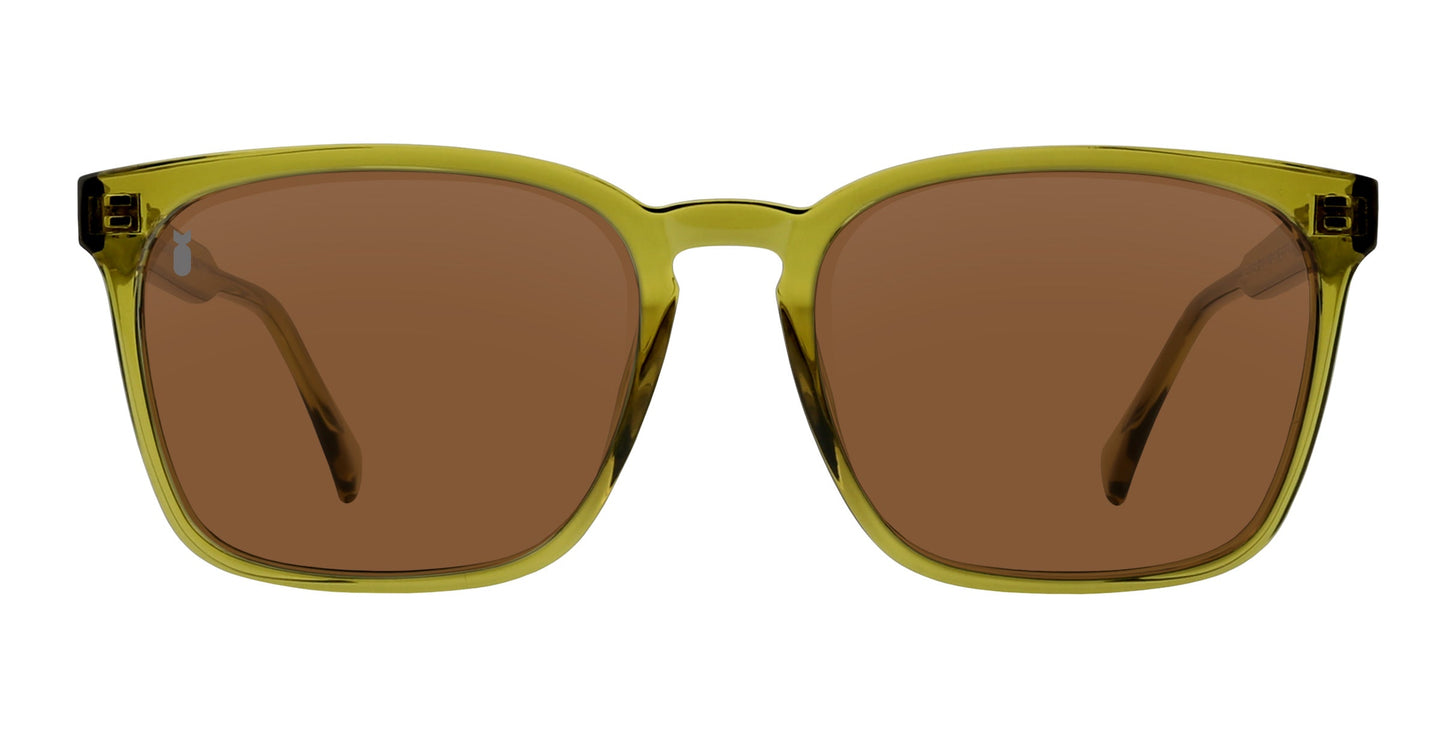 Front view of the Nigel sunglasses from Neven Eyewear, featuring a transparent olive-green frame and large brown-tinted polarized lenses. The bold, modern design offers full coverage with matching olive-green temples.