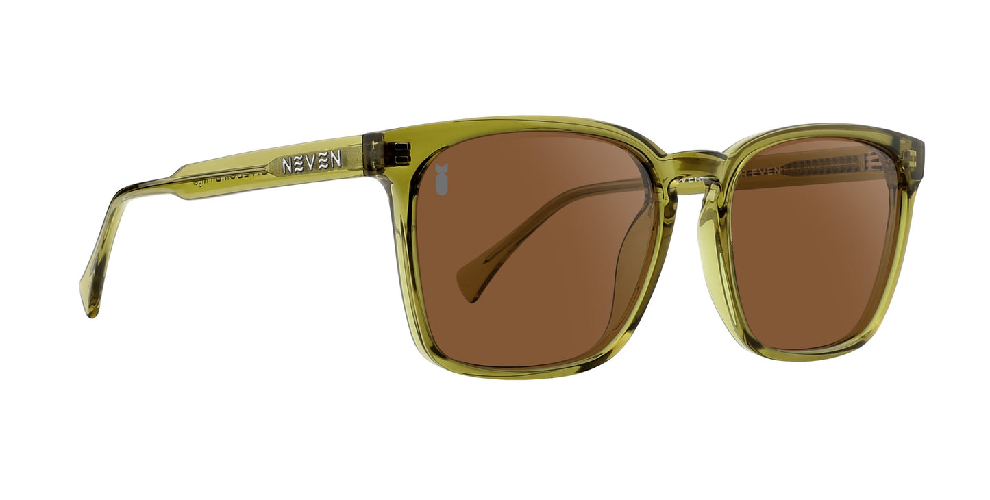 Olive green translucent rectangular sunglasses with brown lenses from Neven Eyewear's Nigel. The thick, glossy frame has NEVEN in silver on the left arm. Polarized lenses are shown at an angle to display the front and left side.