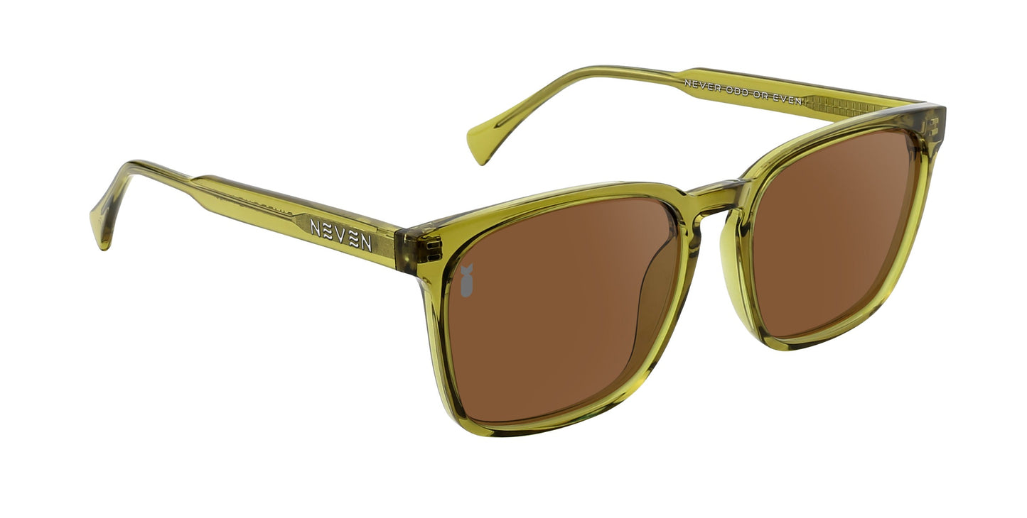 Nigel by Neven Eyewear: Olive green translucent square sunglasses with brown polarized lenses, slightly thick temples and frames, “Neven Eyewear” engraved in silver on the left temple. From the Divebomb Collection, shown on a white background.