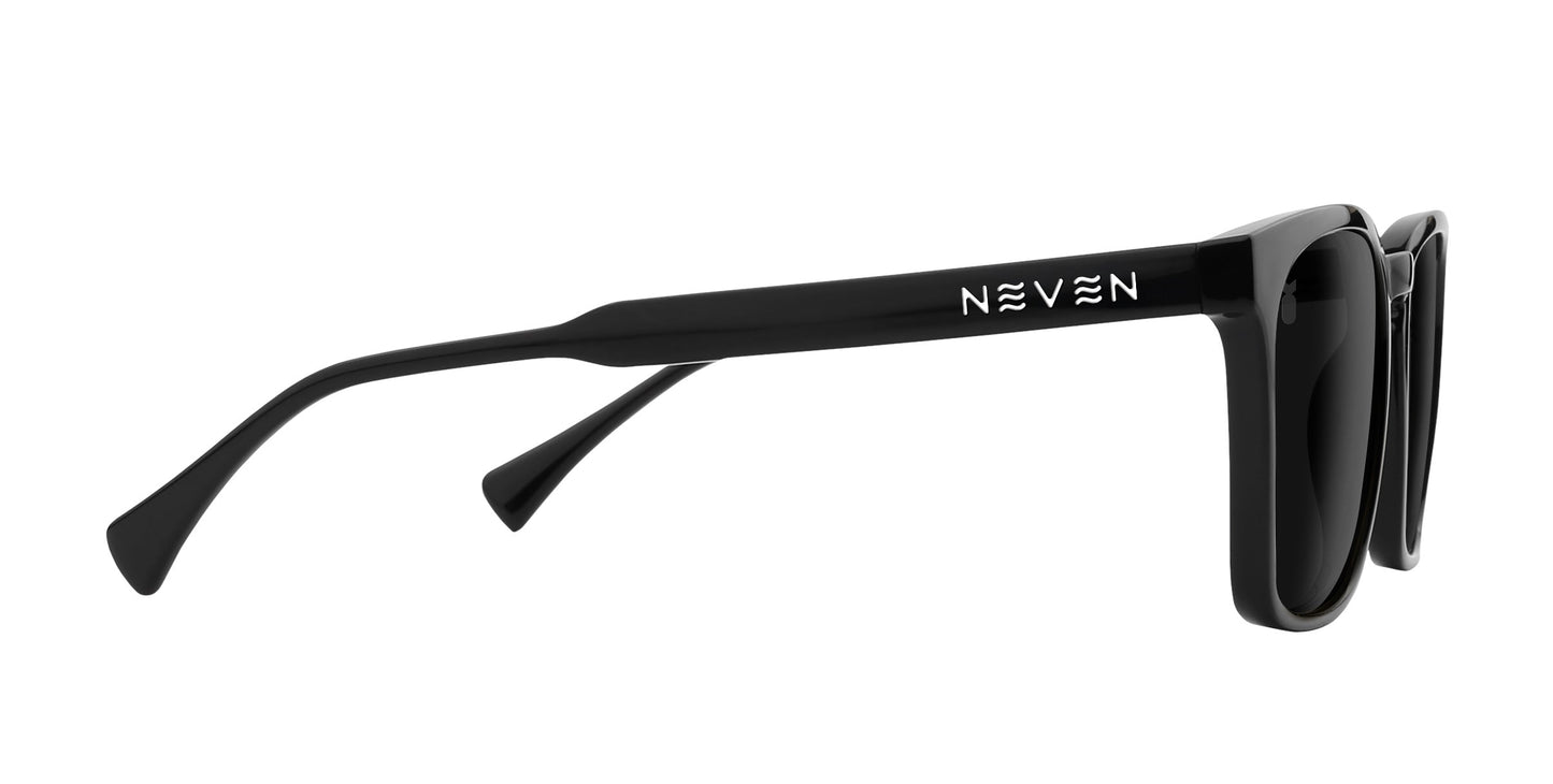 The Neven Eyewear Rufus sunglasses from the Divebomb Collection feature glossy black rectangular polarized lenses, thick arms with the NEVEN logo in white on the temple, and a bold, chunky frame for a stylish side profile.