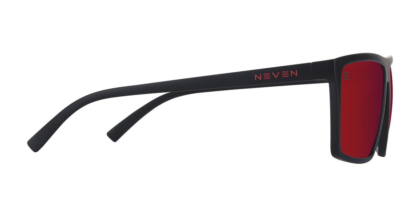 The 212 XL by Neven Eyewear is a pair of black polarized sunglasses with rectangular red-tinted lenses. “NEVEN” appears in red on the straight, slightly curved temple arm. Shown in profile against a plain white background.