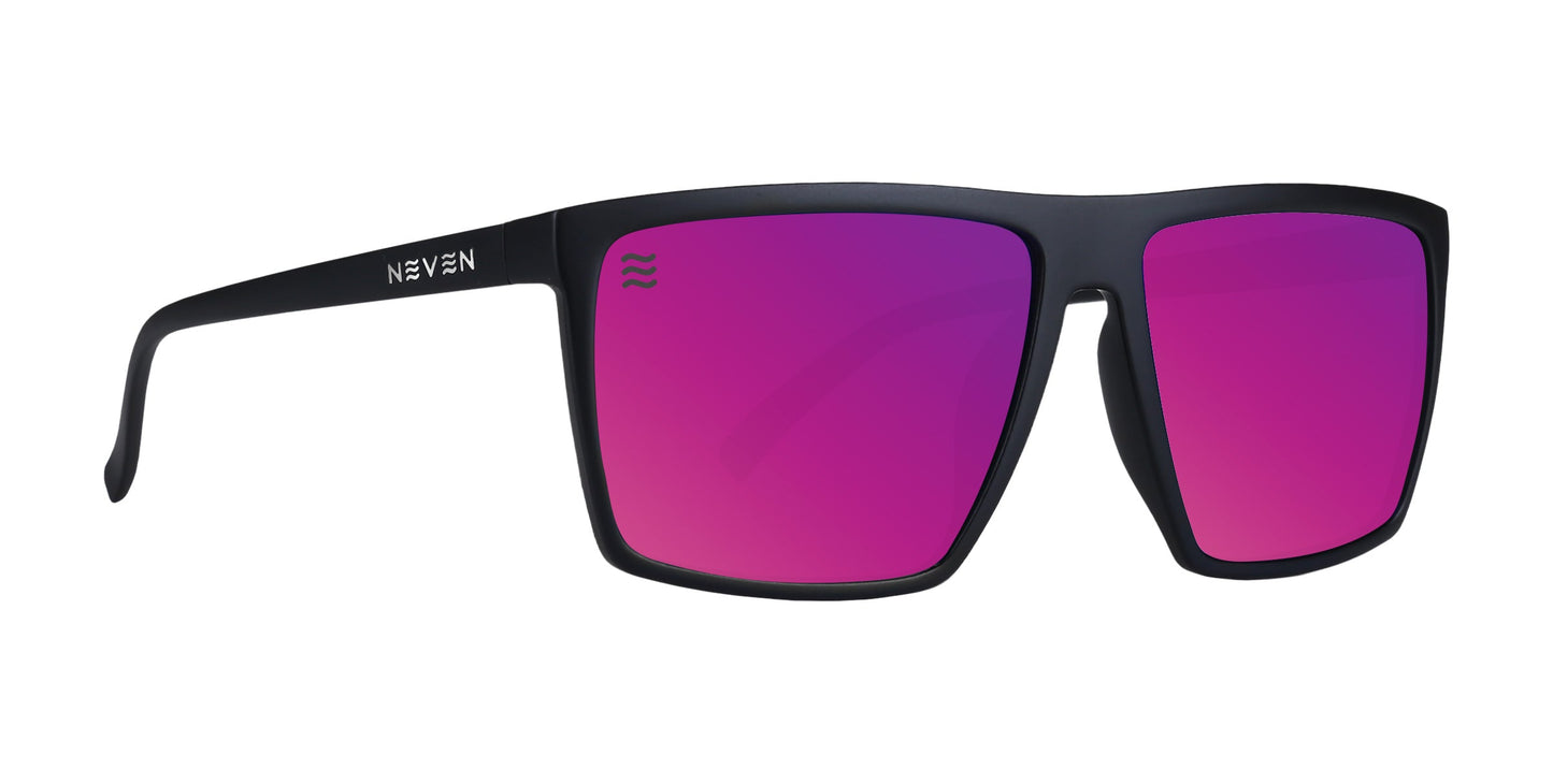 The 88th Street XL by Neven Eyewear are rectangular polarized sunglasses with a matte black frame and purple mirrored lenses. NEVEN appears in white on the left arm, with a wavy logo on the top left lens for sleek style and clarity.