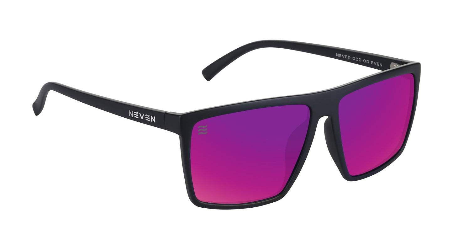 A pair of Neven Eyewear 88th Street XL black rectangular sunglasses with thick frames and pink-purple mirrored lenses. The left arm shows the brand name, while the right reads “NEVER ODD OR EVEN” in white uppercase letters.