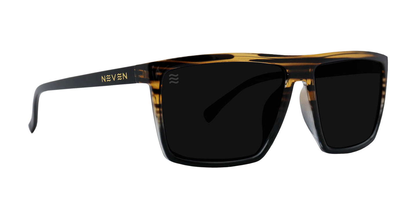 The Asbury XL by Neven Eyewear are rectangular polarized sunglasses with thick, glossy black wood-grain frames in brown and black. "NEVEN" in gold appears on the left arm near the hinge, and straight arms curve subtly at the ends for comfort.