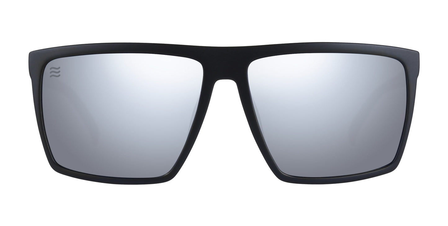 A pair of Neven Eyewear August XL sunglasses featuring a large black frame and silver-mirrored polarized lenses, which are highly reflective with a small wavy logo etched on the left lens, set against a plain white background.