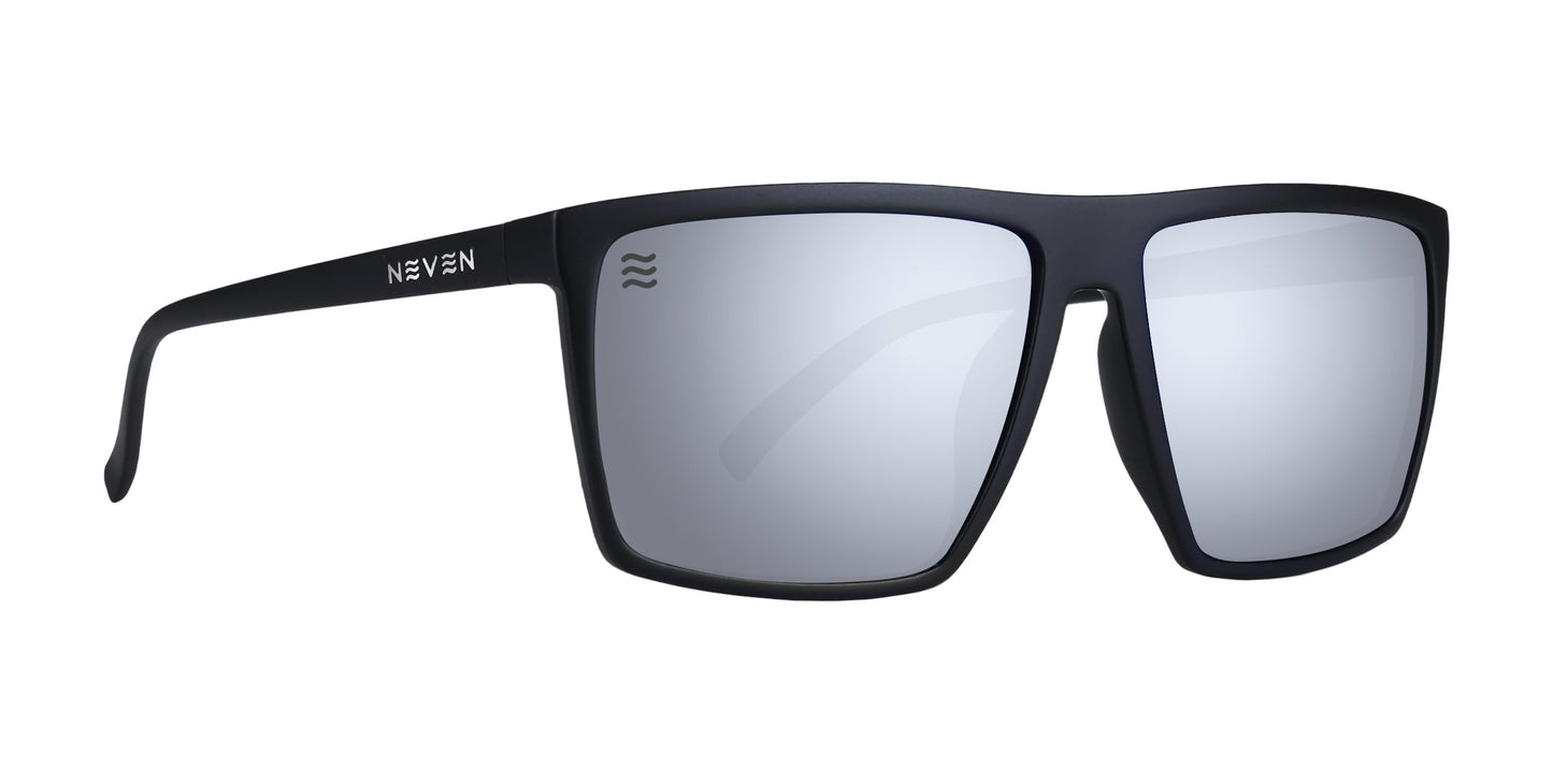The August XL by Neven Eyewear features a large-fit matte black frame with silver-mirrored polarized lenses. "NEVEN" appears in white on the left arm, and a small wave logo is on the top left corner of the left lens.