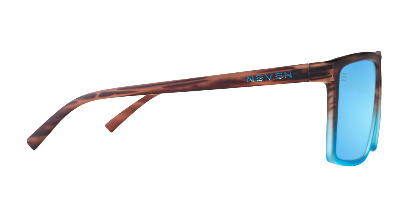 Side view of Melby XL large frame sunglasses by Neven Eyewear, featuring a blue front, brown tortoiseshell-patterned arms with light blue NEVEN logo near the hinge, and polarized blue mirrored lenses set against a plain white background.