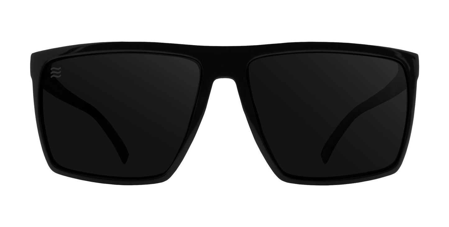 The Neven Eyewear NYC XL sunglasses have a black rectangular frame with thick full rims, dark tinted lenses, curved temples, and a wavy logo on the left lens corner, all set against a white background.