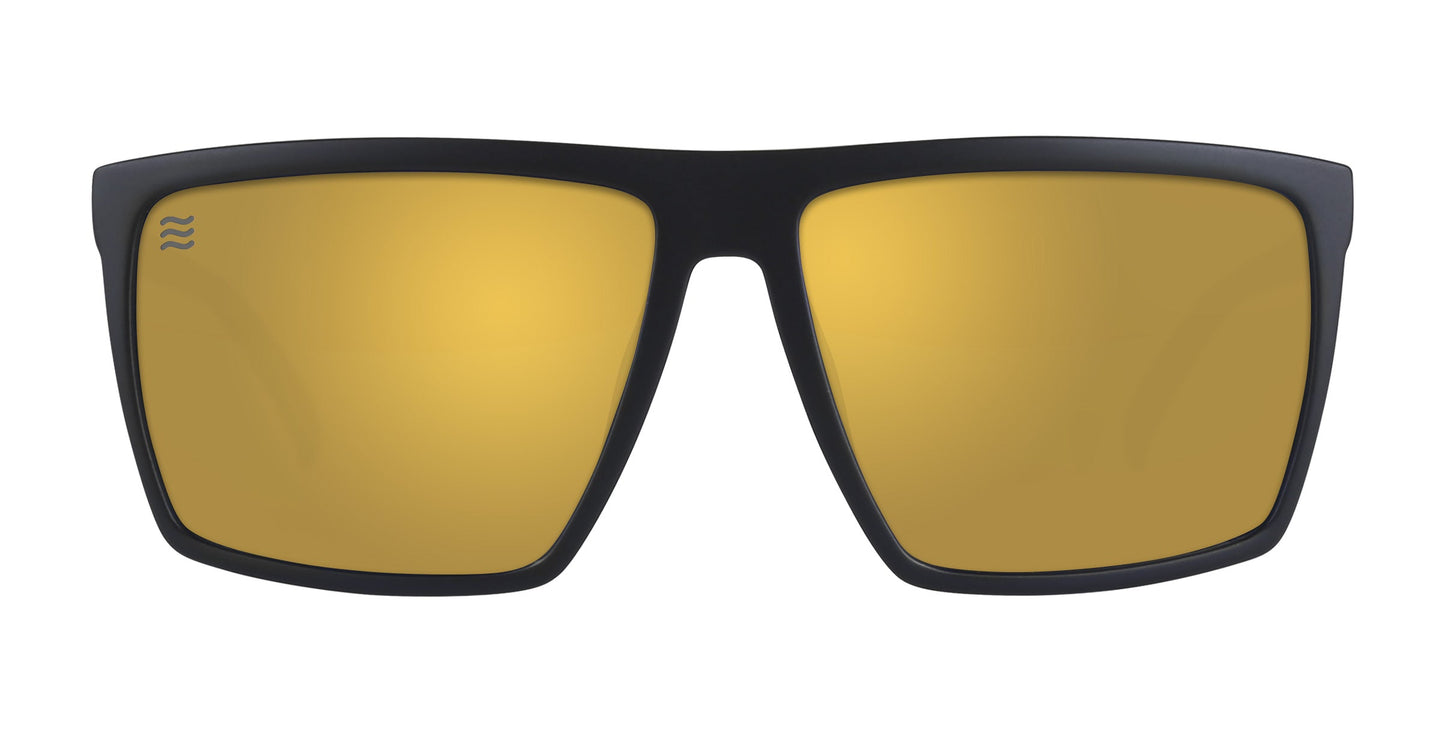 The Neven Eyewear Norton XL are rectangular black polarized sunglasses with wide frames and mirrored gold lenses, shown front view on a white background. A subtle wave logo appears on the top left of the left lens. Prescription available.