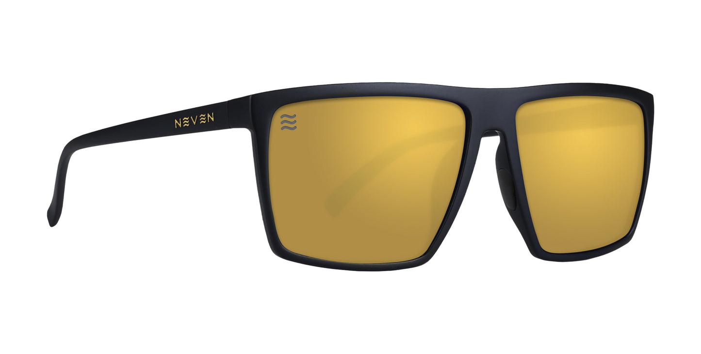 The Norton XL by Neven Eyewear are black rectangular polarized sunglasses with thick frames, wide temples, and reflective gold lenses. NEVEN appears in gold on the left temple and a small wave symbol is on the left lens. Large fit. White background.