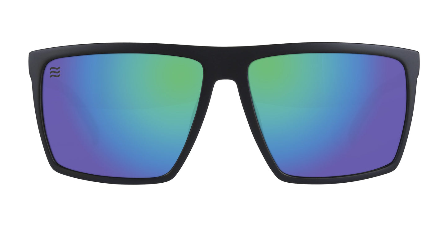 The Three Of Cups XL by Neven Eyewear are black rectangular sunglasses in XL size, featuring large green and blue mirrored lenses with a subtle logo on the left lens, displayed on a plain white background.