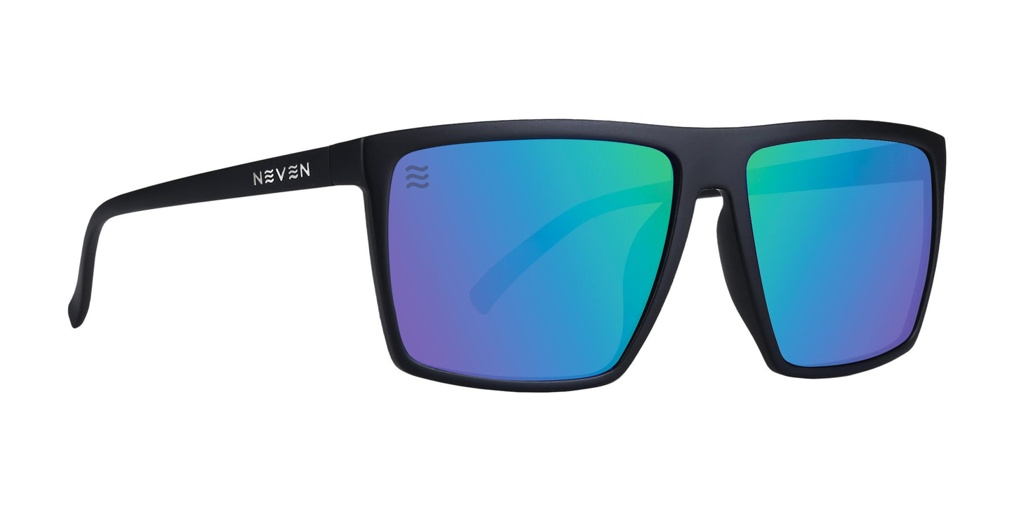 Three Of Cups XL by Neven Eyewear: XL rectangular sunglasses with a matte black frame and large blue-green mirrored lenses. Features the white NEVEN logo on the left temple and a wave symbol etched on the top left of the left lens.