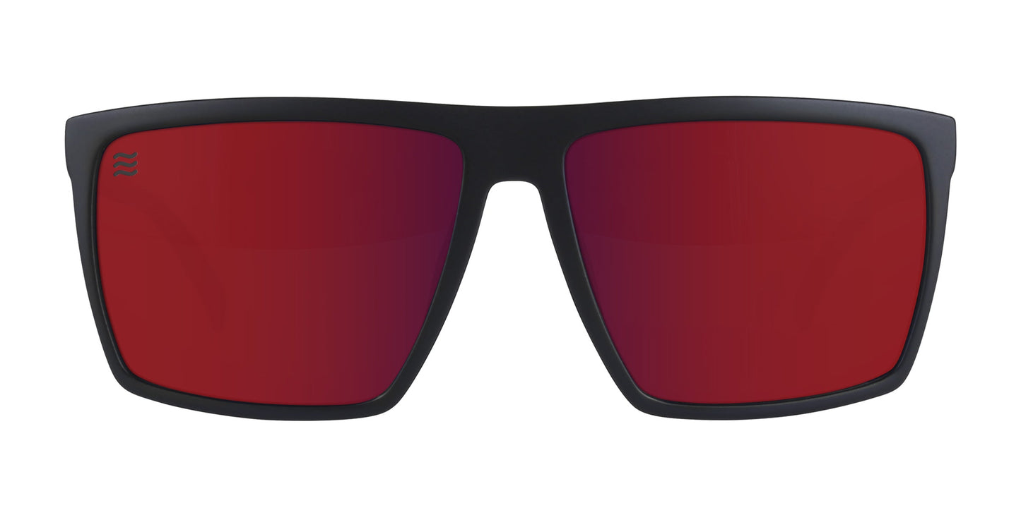 The Neven Eyewear 212 sunglasses have a matte black rectangular frame and large red mirrored lenses, with a small wave logo on the left lens. From the Doc Robbins Collection, shown against a plain white background.