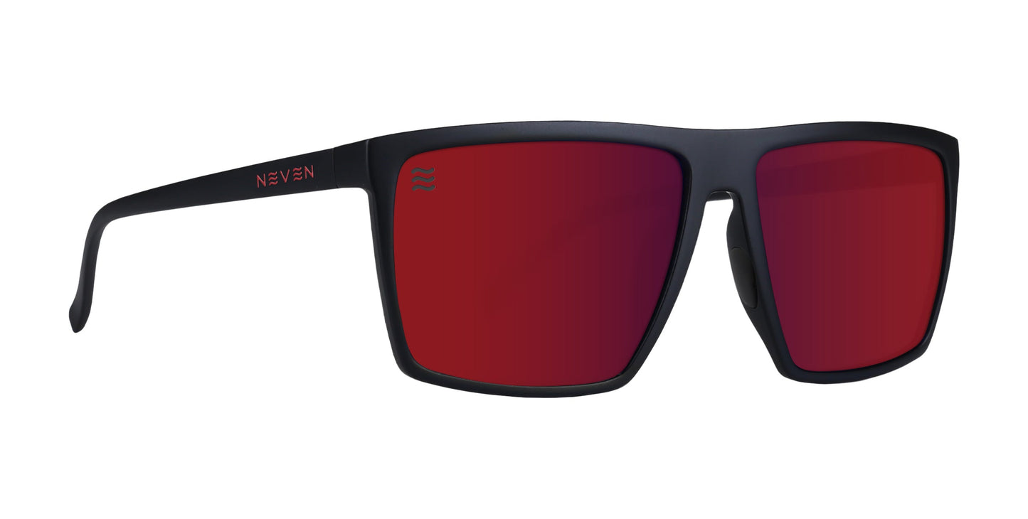 The 212 sunglasses from Neven Eyewear feature a matte black rectangular frame, bold red mirrored lenses, "NEVEN" on the left temple, and a wave symbol on the lens for an angular modern NYC style.