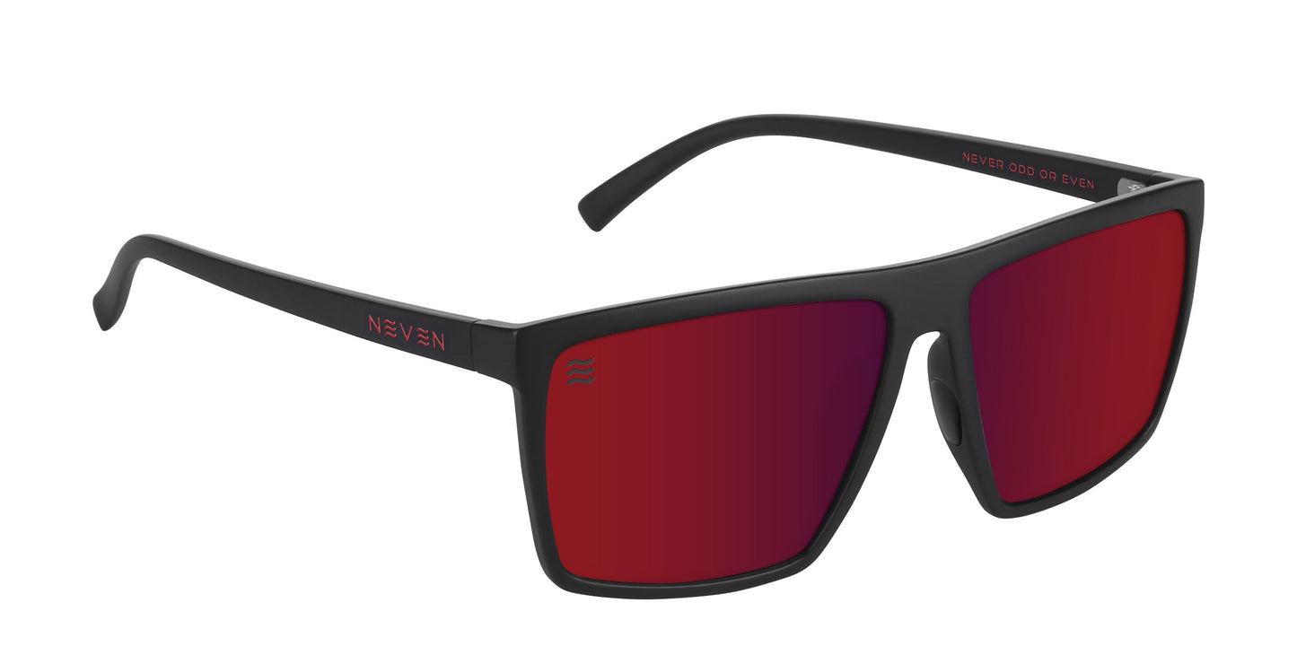 The 212 by Neven Eyewear features rectangular sunglasses with a matte black frame and red mirrored lenses, plus NEVEN and “NEVER ODD OR EVEN” in red on the left arm for a sporty, modern Manhattan look.