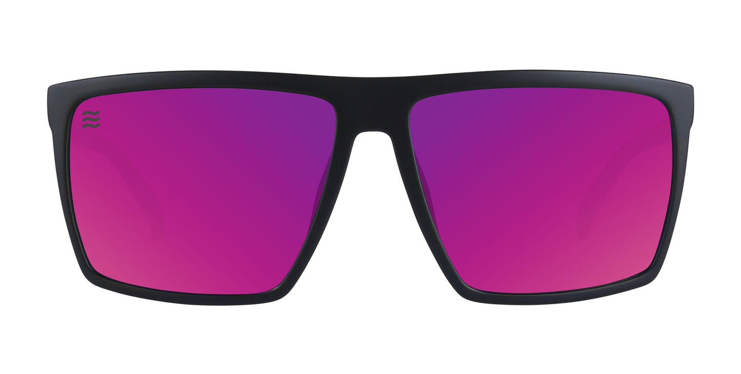 The Neven Eyewear 88th Street sunglasses feature rectangular polarized UV400 lenses with a black frame and vibrant purple-pink mirrored finish, shown front-facing on a white background. A small wavy logo appears in the top left of the left lens.