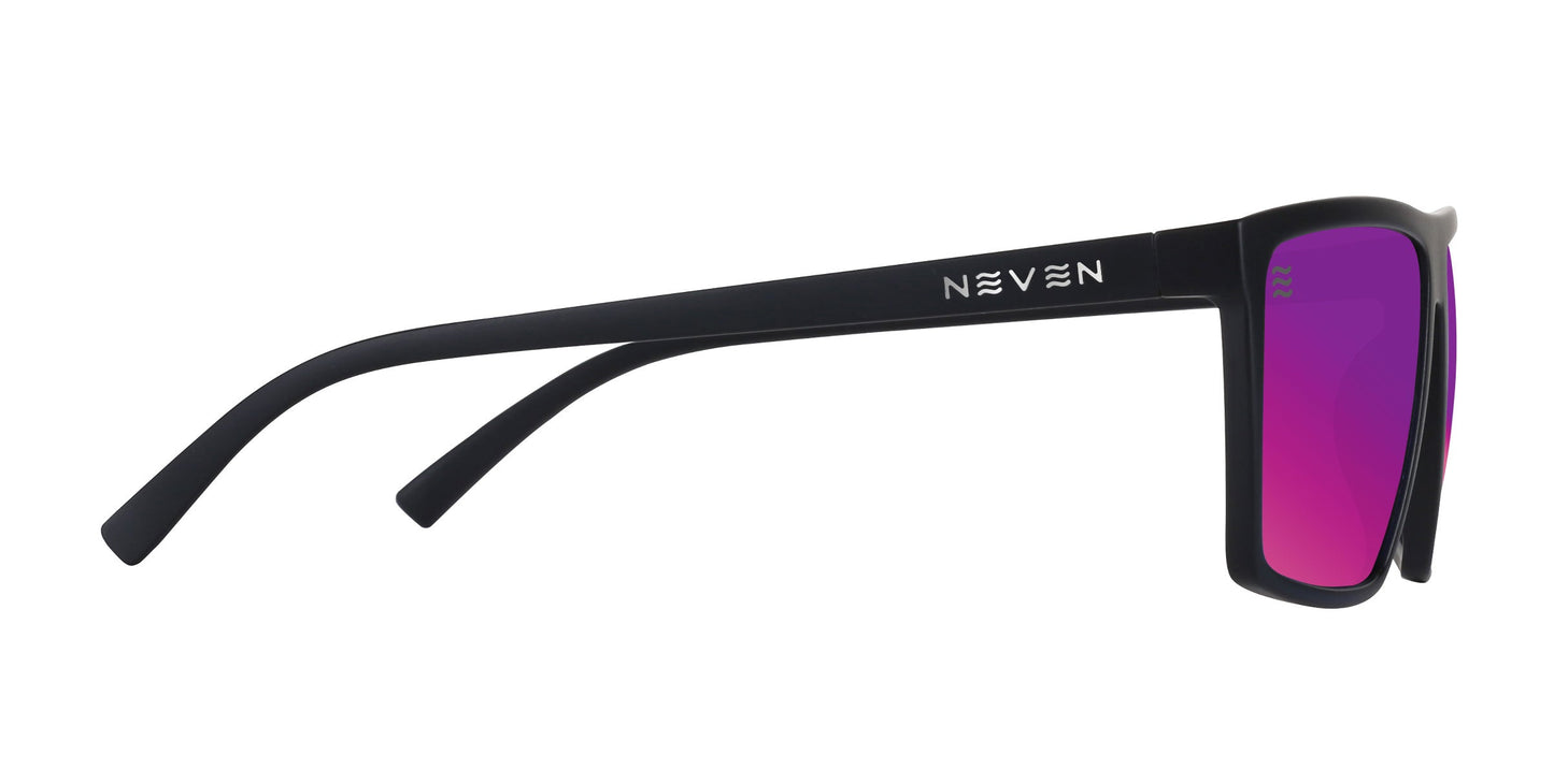 A side view of the 88th Street by Neven Eyewear: matte black rectangular sunglasses with mirrored purple-pink polarized UV400 lenses, “NEVEN” in white on the temple, and sleek modern TR90 frames with slightly curved arms.