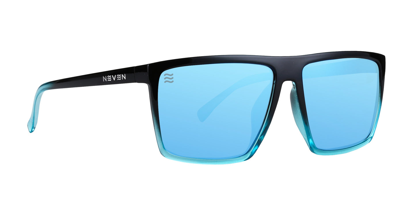 The Arizona by Neven Eyewear are rectangular polarized sunglasses with glossy black frames, blue gradient impact-resistant lenses, and black arms that fade to blue tips. "NEVEN" is printed in white on the left arm near the hinge.
