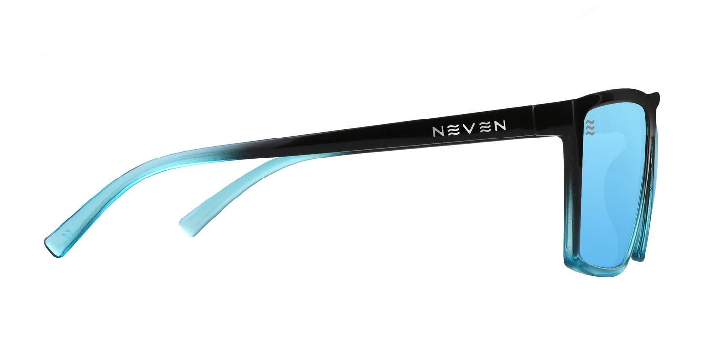 Side view of the Arizona by Neven Eyewear, rectangular polarized sunglasses with light blue mirrored, impact-resistant lenses. The frame fades from black to aqua blue, with "NEVEN" in white on the temple for a stylish accent.