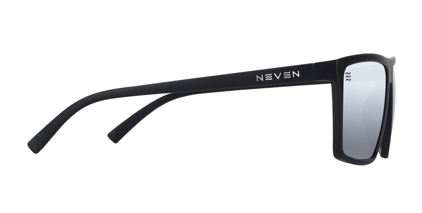 Side view of Neven Eyewear's August sunglasses in matte black, featuring dark gray, impact-resistant polarized lenses, UV400 protection, a sleek modern design with slightly curved arms, and the white NEVEN logo on the left arm.