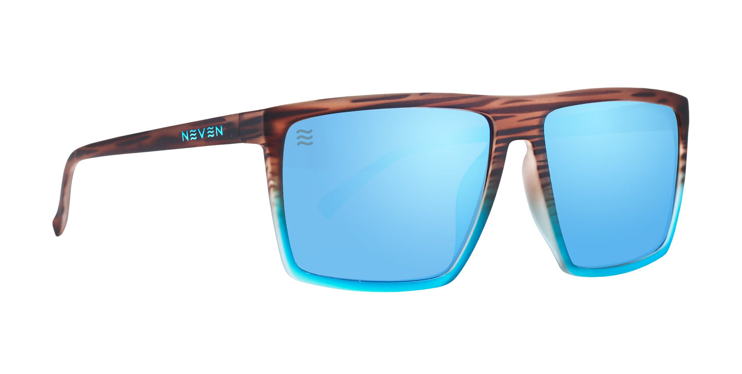 Melby by Neven Eyewear: rectangular sunglasses with brown woodgrain frames, reflective bright blue polarized lenses, UV400 protection, and “NEVEN” plus a wave logo in white on the left arm—modern, bold style for sporty adventures.