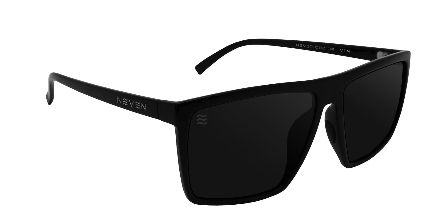 A pair of black rectangular Neven Eyewear NYC sunglasses with thick frames and polarized UV400 lenses. The left arm displays the NEVEN name and wavy logo; inside reads "NEVER ODD OR EVEN.