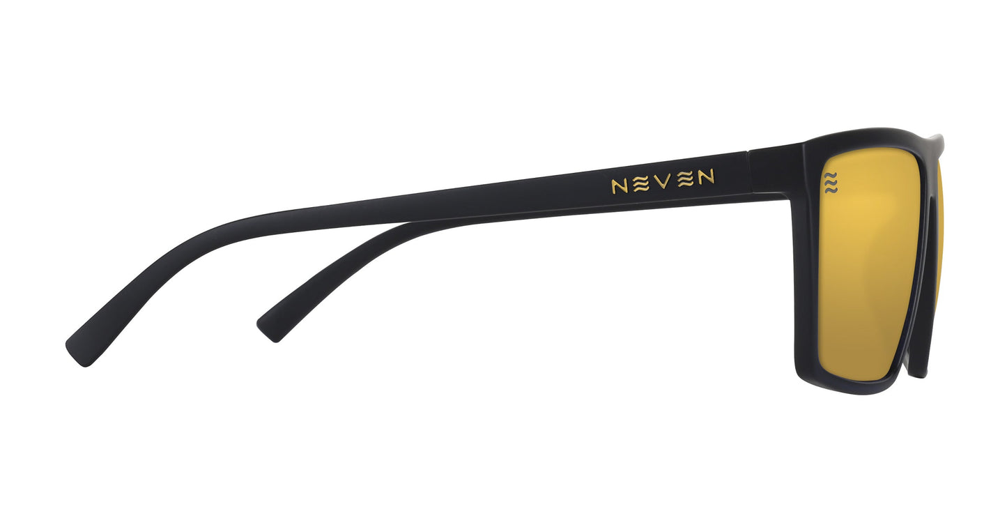 Side view of matte black Norton sunglasses by Neven Eyewear featuring rectangular yellow lenses, a gold NEVEN logo on the temple arm, and "222" near the hinge. These dog-inspired sunnies offer a sleek, modern look.