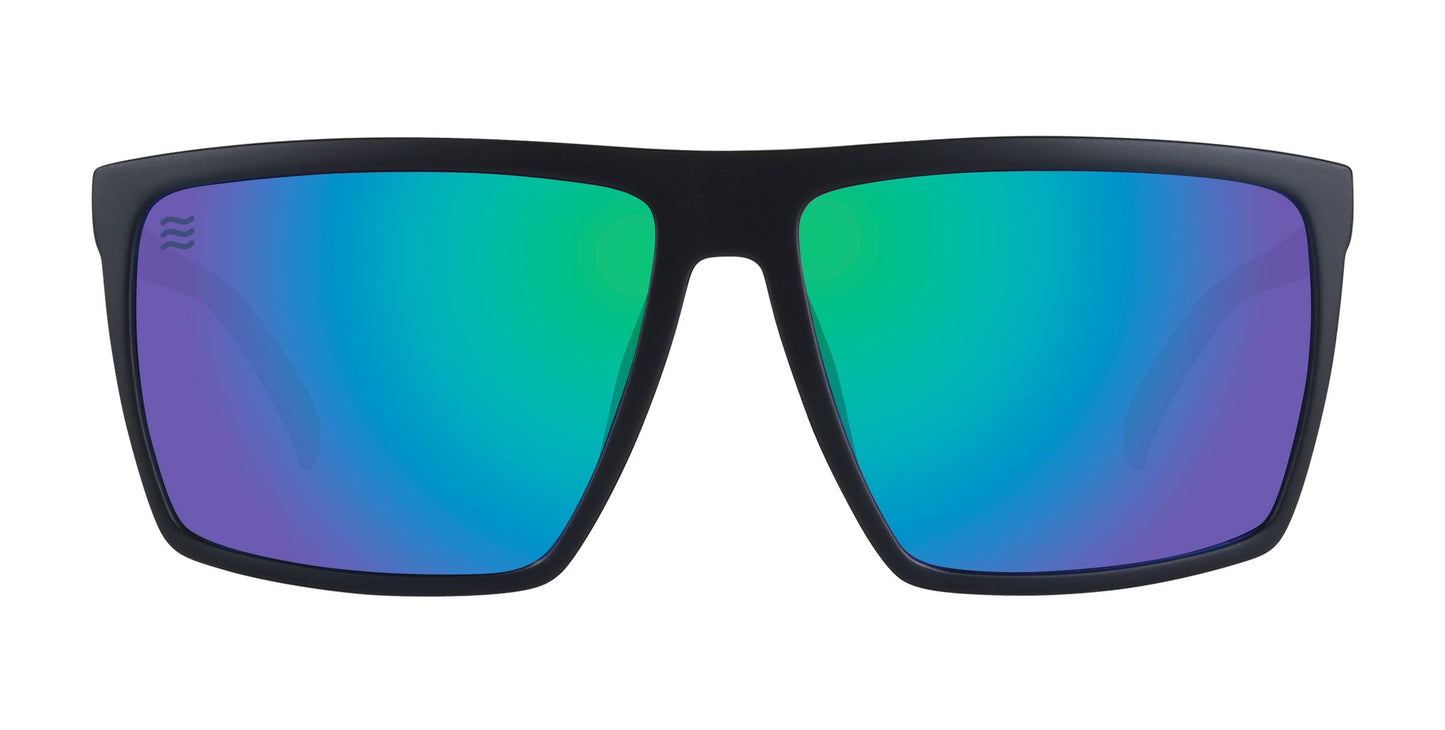 Front view of Neven Eyewear’s Three Of Cups rectangular polarized sunglasses, featuring a black frame and reflective, impact-resistant lenses in blue, green, and purple hues. A wavy logo accents the top left of the left lens. Set against a plain white background.
