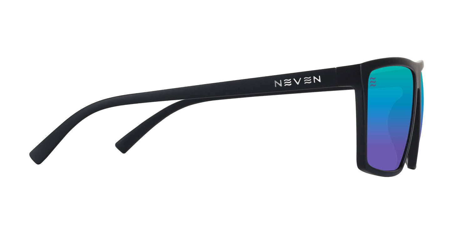 A side view of Neven Eyewear’s Three Of Cups matte black polarized sunglasses with white temple branding. The lightweight, modern frame features rectangular, impact-resistant lenses with a blue-purple reflective gradient and UV400 protection.
