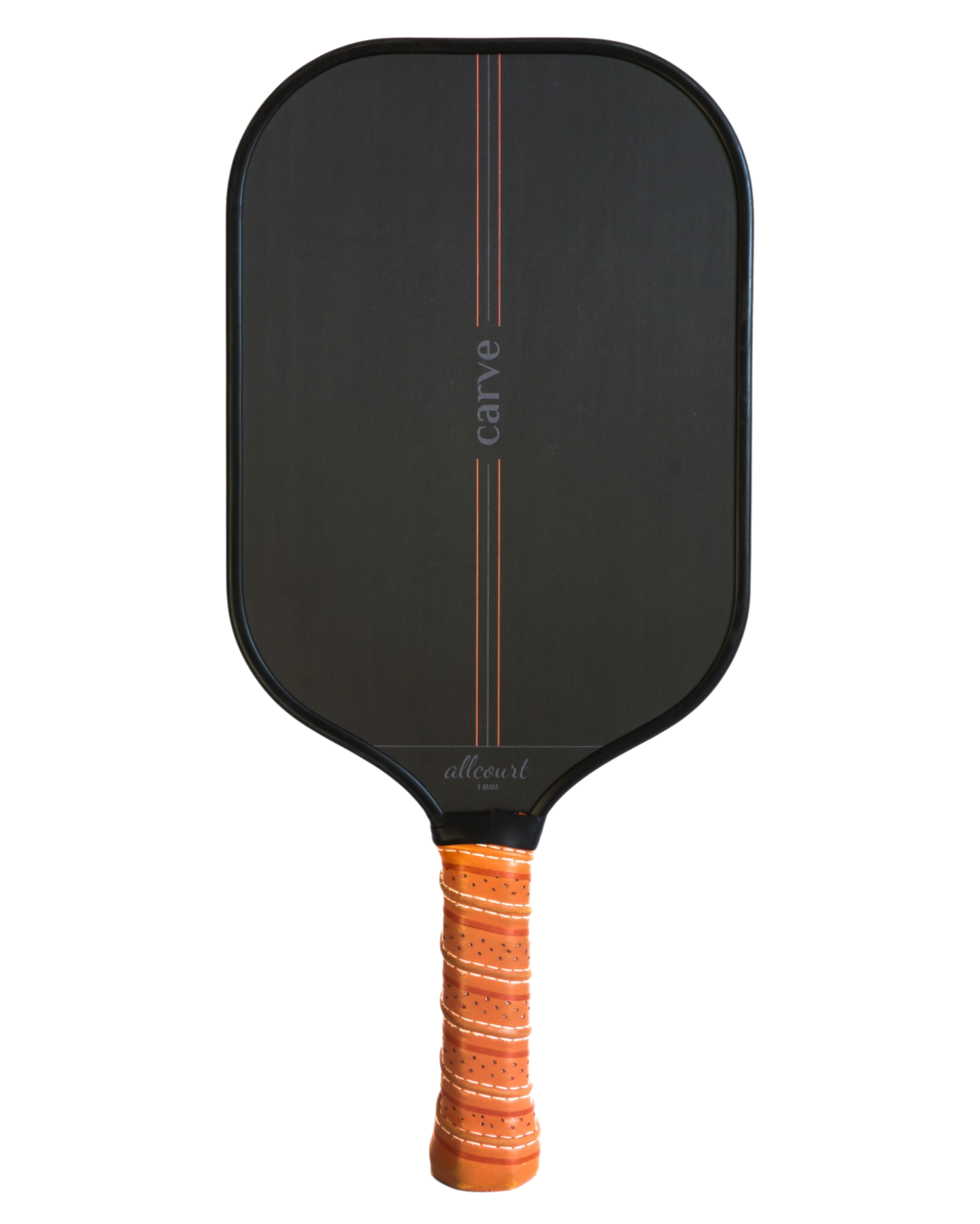 The AllCourt 14 by Carve Sports is a black carbon paddle with a rectangular shape, rounded edges, and a brown perforated grip. Red and gray lines accent the face with "carve" and "allcourt" printed—ideal for versatile spin players. Plain white background.