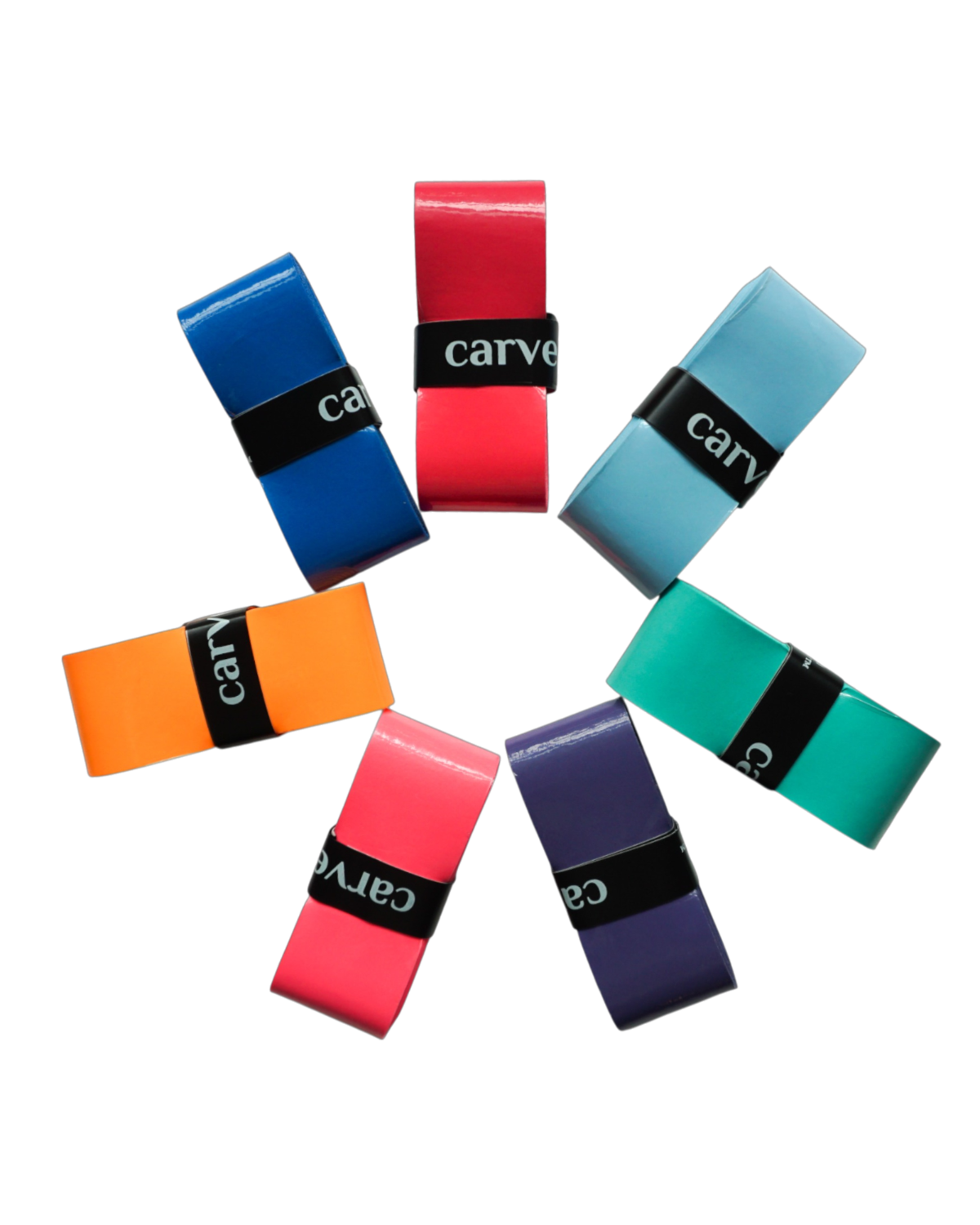 Seven colorful Carve Sports Color Overgrips are arranged in a circle, each with a black 'carve' band. The high-tack surface ensures excellent grip, making them ideal for warming up before any racket sport.