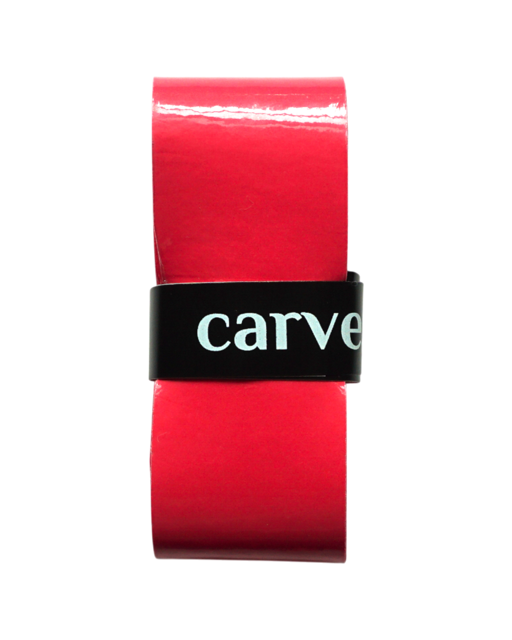 A roll of Carve Sports Color Overgrip in bright red features a high-tack surface and is secured by a black band with partial white "carve" text, displayed against a plain white background.