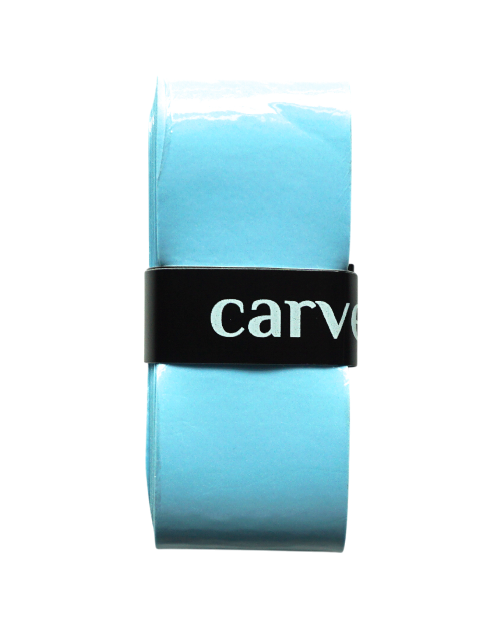 The Carve Sports Color Overgrip is a light blue, high-tack racket tape with a black band displaying "carve" in white. Neatly rolled and ideal for any racket sport, it's shown on a plain white background.