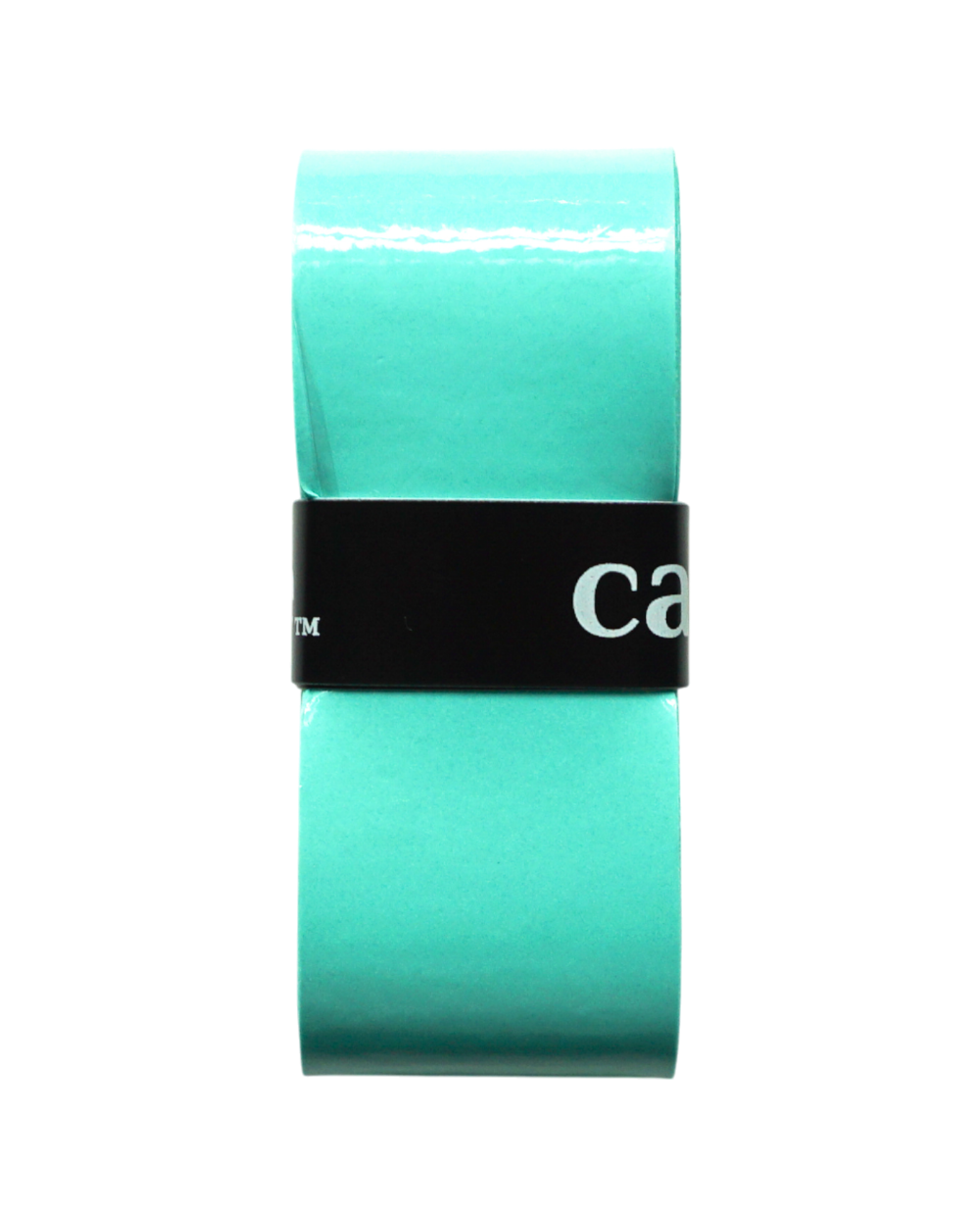 A roll of Carve Sports Color Overgrip, in bright turquoise with a high-tack glossy surface, is neatly coiled and secured by a black band with white text, shown against a plain white background. The tape resembles those used for racket sports.