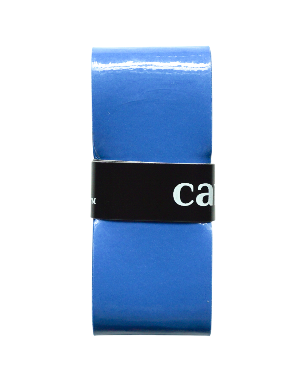 A roll of Carve Sports Color Overgrip in glossy blue, held by a black paper band with partial white "ca," is perfect for any racket sport. Its high-tack surface stands out against the plain white background.