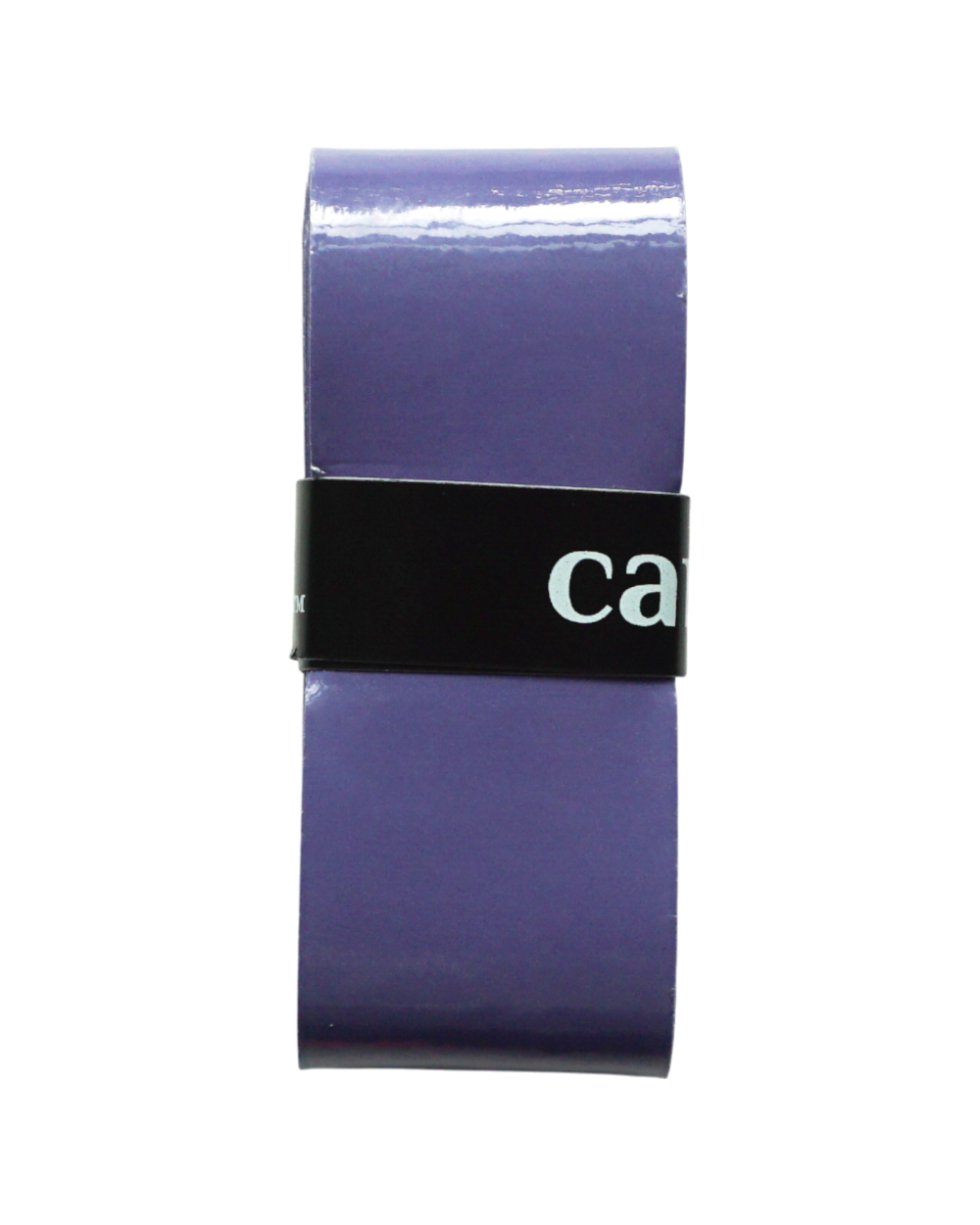 A shiny, rectangular strip of purple Color Overgrip by Carve Sports is looped and secured with a black band featuring partial white text, set against a plain white background, resembling racket sport accessories.