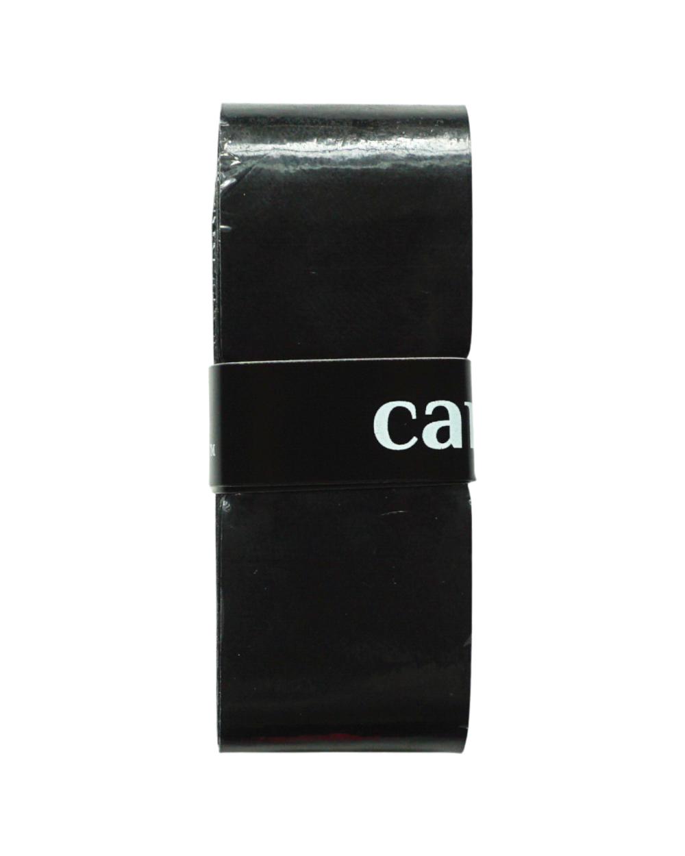 A roll of Classic Overgrip by Carve Sports, featuring glossy black tape secured with a branded paper band displaying 'ca', is showcased on a plain white background to highlight this essential tennis accessory's sleek design.