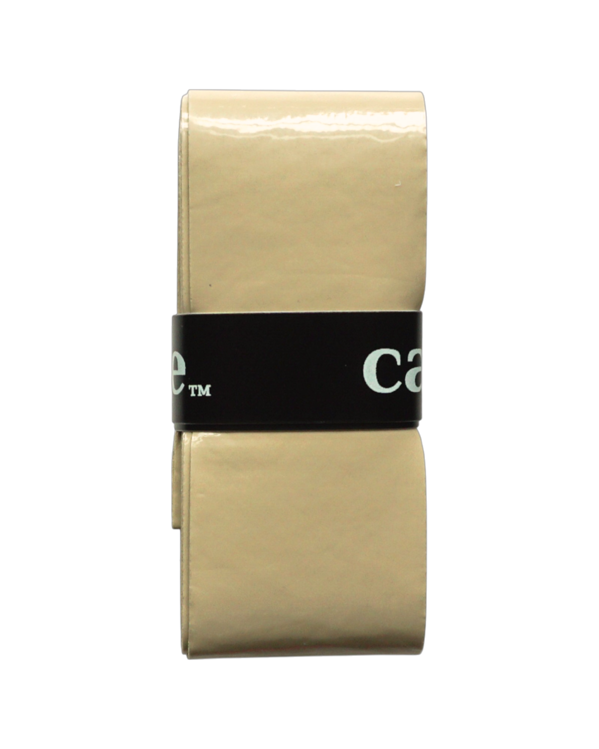A folded, shiny beige Carve Sports Classic Overgrip is secured with a black band displaying partial white text, resembling a tennis accessory. The compact package is neatly wrapped and shown against a plain white background.