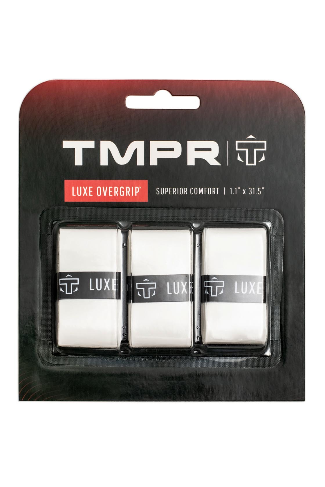 The TMPR Luxe Tack Overgrip by TMPR Sports comes in a retail pack with three white, tacky wraps for sports rackets. Each lightweight overgrip has a black “LUXE” band, TMPR logo, and measures 1.1 x 31.5. Packaging notes: "Superior Comfort.
