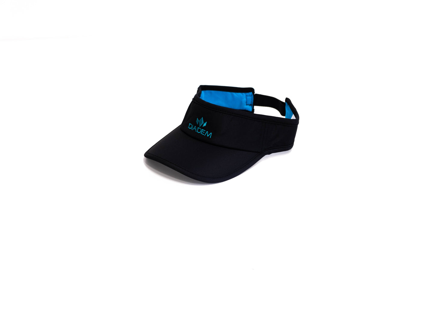 The Diadem Sports Drycore Select Visor is a black, ITF-approved sports visor with a teal DIADEM logo, blue inner lining, curved brim, adjustable back strap, and moisture-resistant lightweight polyester—shown on a plain white background.