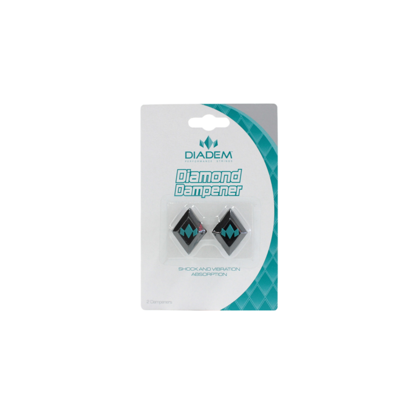 The Diadem Sports Diamond Dampener 2-Pack includes two dampeners to reduce shock and string vibration. The white package has teal geometric accents, "Shock and Vibration Absorption" text, and a window showing the dampeners.