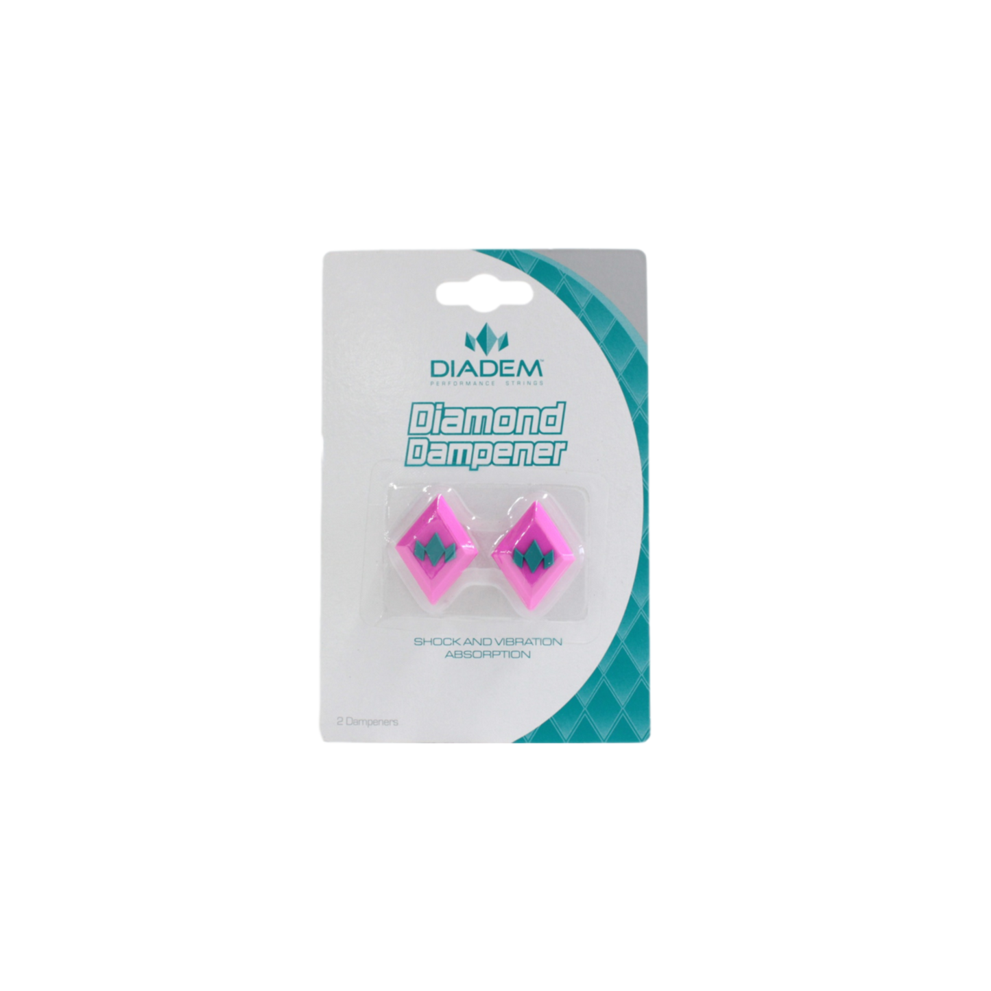 The Diadem Sports Diamond Dampener 2-Pack includes two pink, diamond-shaped tennis racket dampeners with a black logo on a white and teal backing card labeled "Diamond Dampener" to help reduce string vibration and shock.